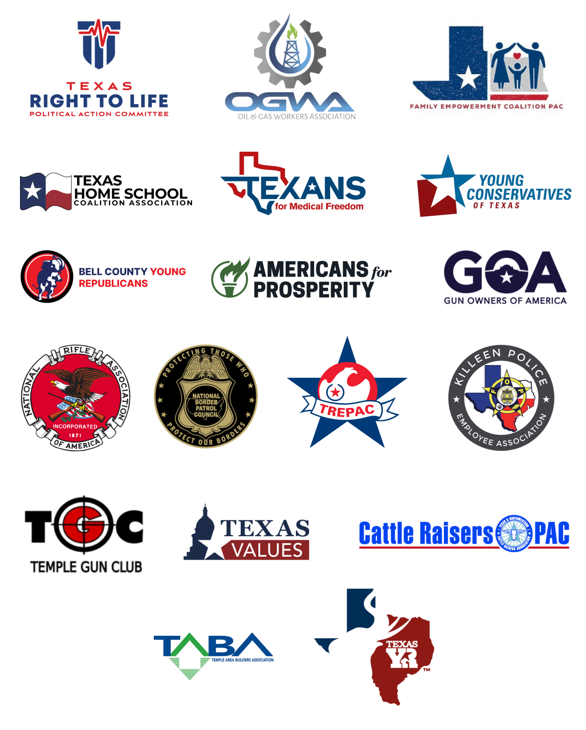 Texas Right to Life, Americans for Prosperity, Family Empowerment Coalition, Young Conservatives of Texas, Texans for Medical Freedom, Texas Homeschool Coalition, OGWA - Oil and Gas Workers Association, GOA - Gun Owners of America Endorsement Logos, Bell County Young Republicans, Temple Gun Club, National Border Patrol Council